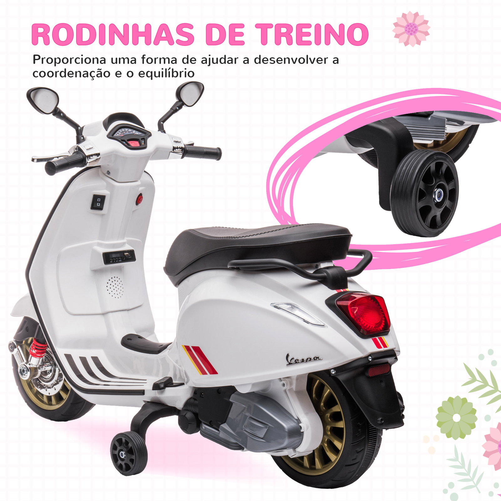 Moto elétrica para crianças de 3-6 anos com licença vespa com USB mp3 luz LED rádio fm velocidade 3 km/h carga 35 kg branco