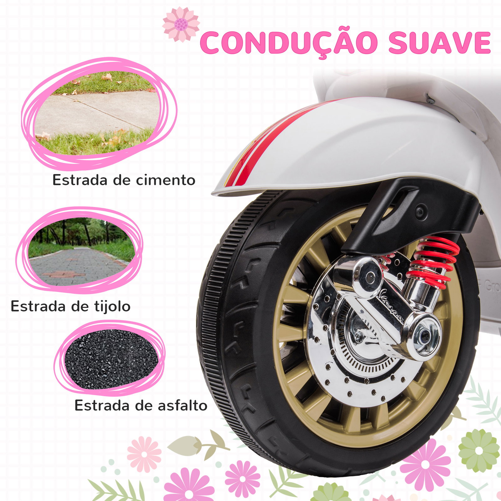 Moto elétrica para crianças de 3-6 anos com licença vespa com USB mp3 luz LED rádio fm velocidade 3 km/h carga 35 kg branco