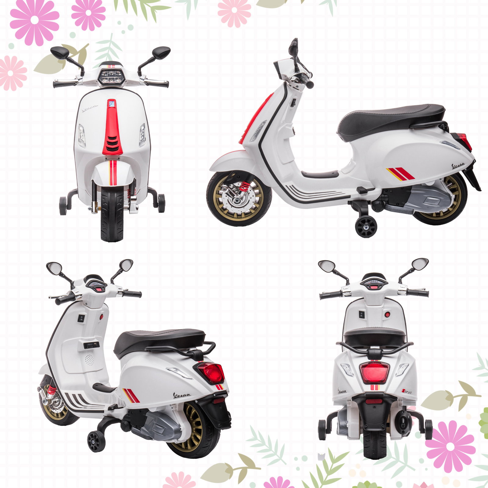 Moto elétrica para crianças de 3-6 anos com licença vespa com USB mp3 luz LED rádio fm velocidade 3 km/h carga 35 kg branco