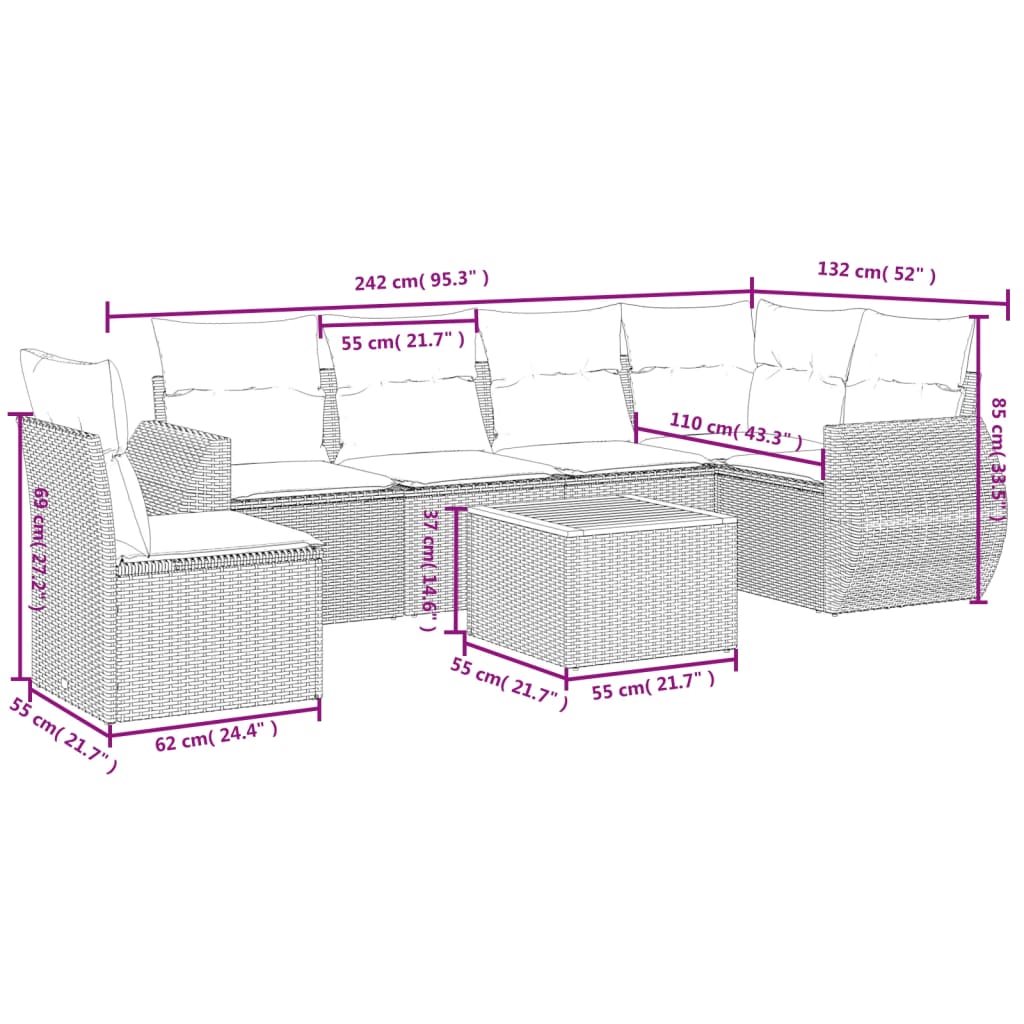7 Pcs conjunto de sofás p/ jardim c/ almofadões vime PE preto