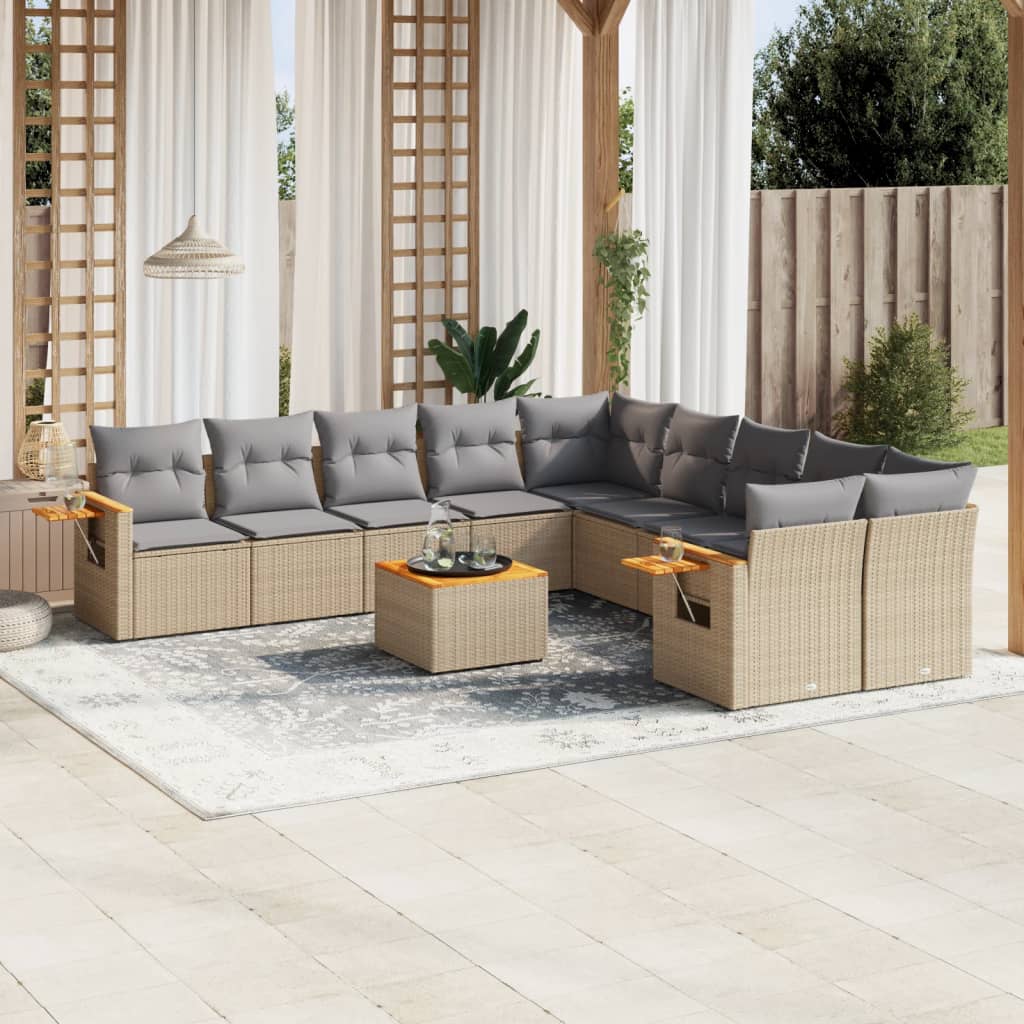 11 Pcs conjunto sofás de jardim c/ almofadões vime PE bege