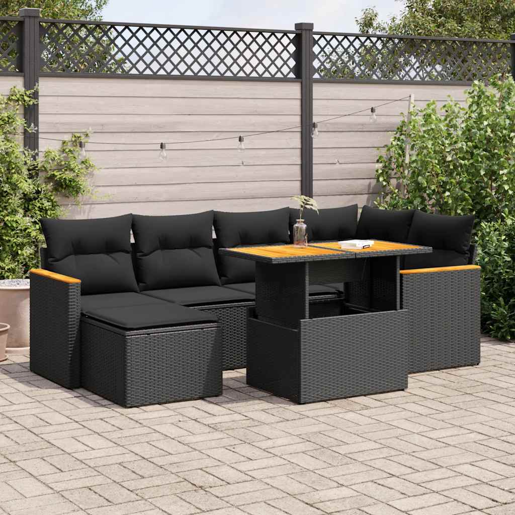 7 Pcs conjunto sofás jardim c/ almofadões vime PE/acácia preto