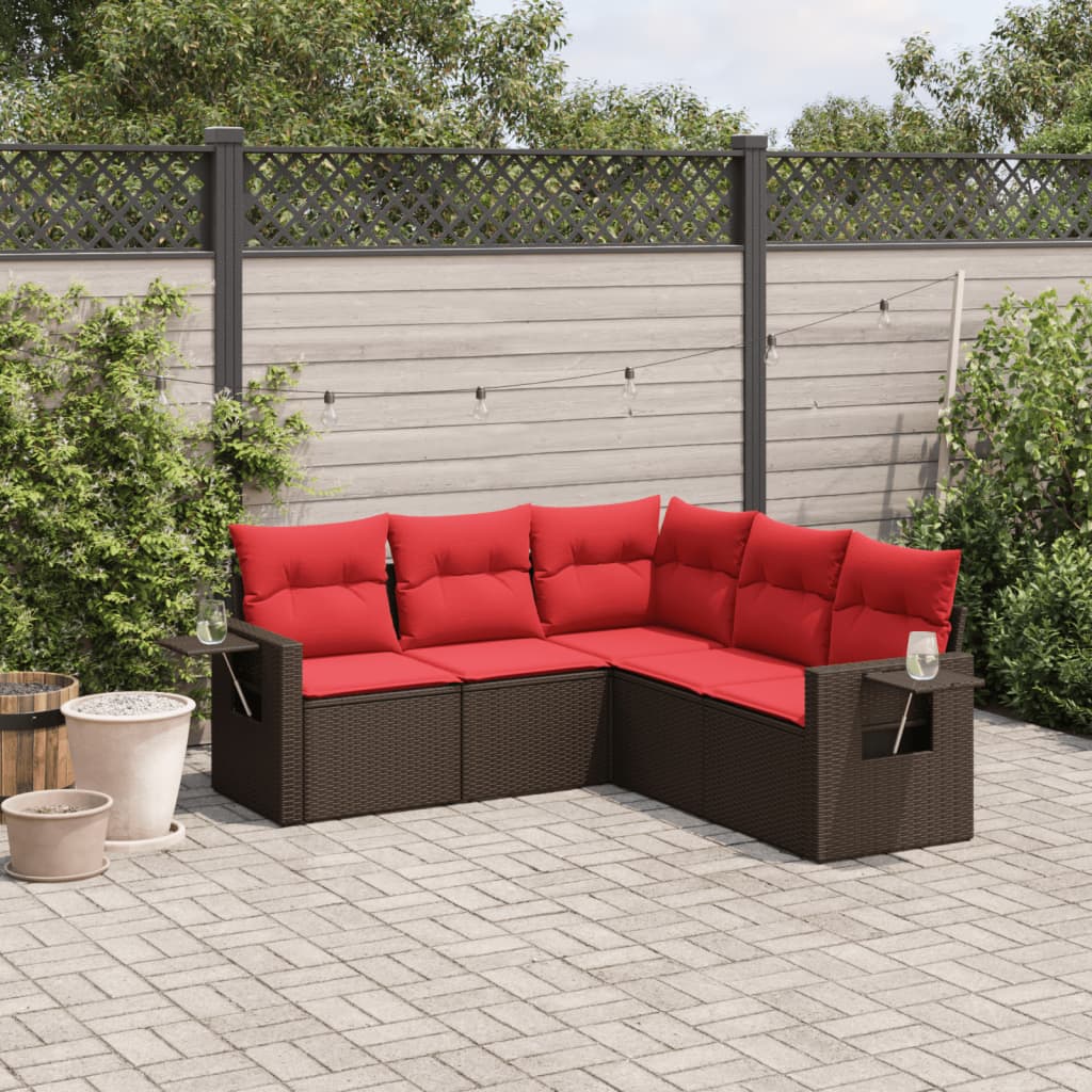 Conjunto de sofá de jardim de 5 peças com almofadas em rattan sintético marrom