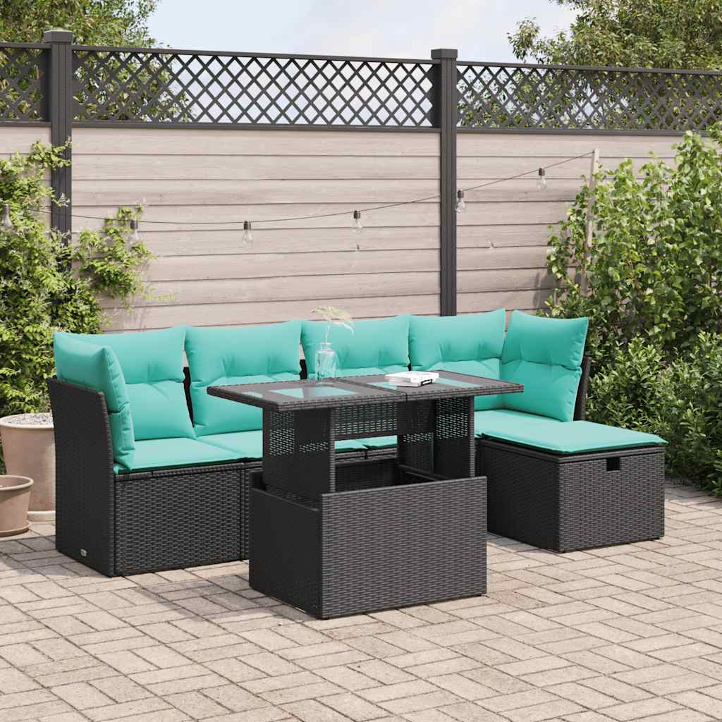 6 Pcs conjunto sofás jardim c/ almofadões vime PE/acácia preto