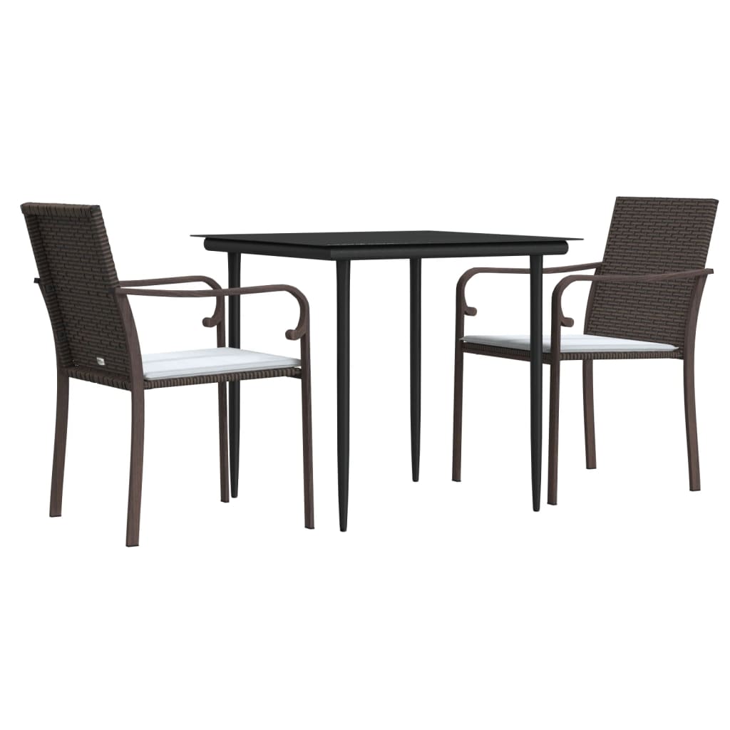 3 Pcs conjunto de jantar p/ jardim c/ almofadões vime PE e aço