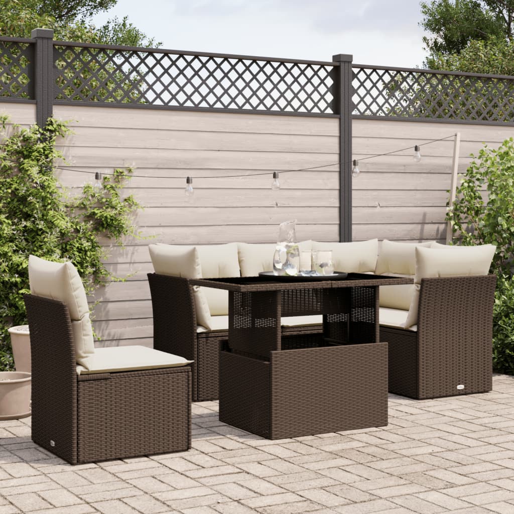 6 Pcs conjunto de sofás jardim c/ almofadões vime PE castanho