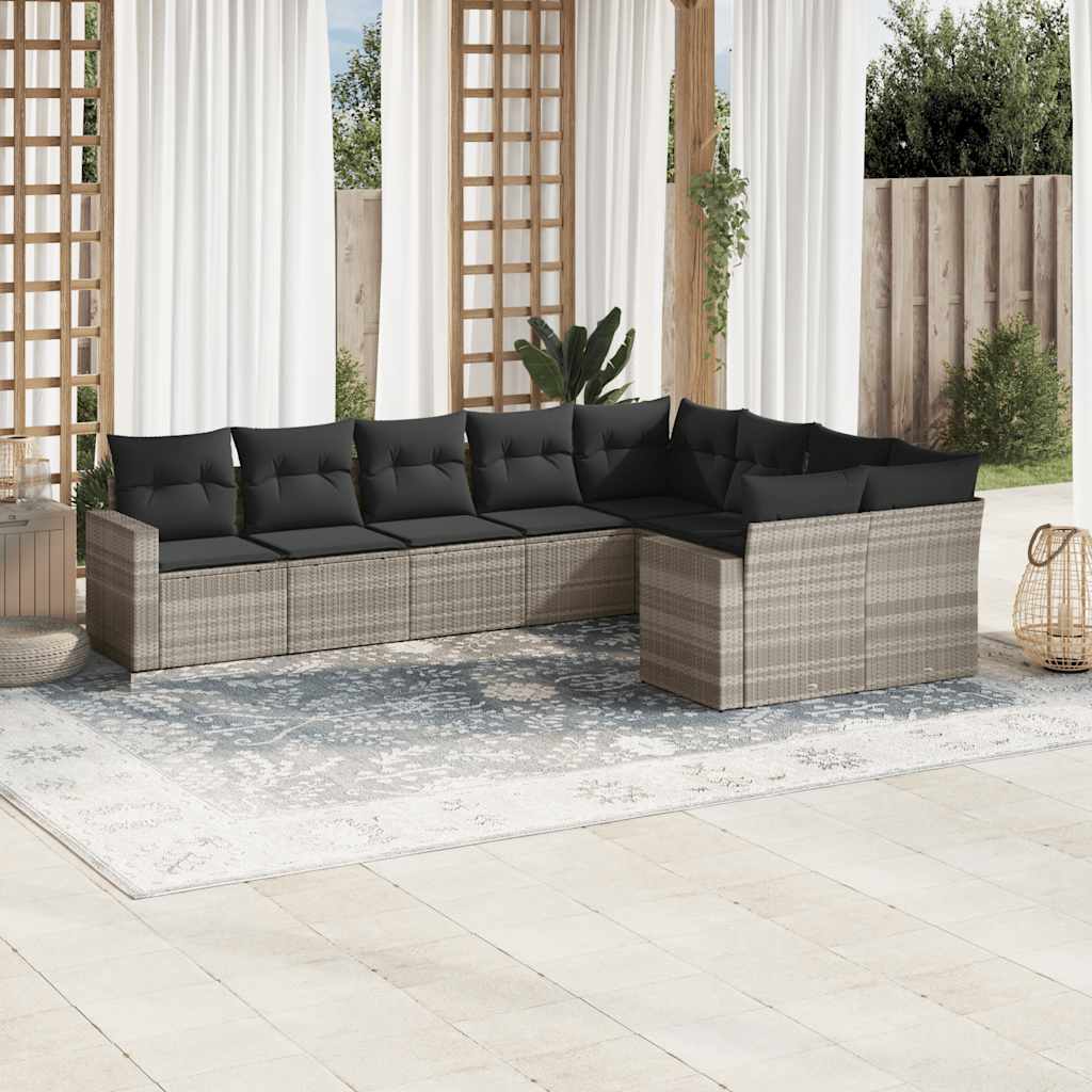 9 Pcs conj. sofás jardim com almofadões vime PE cinzento-claro