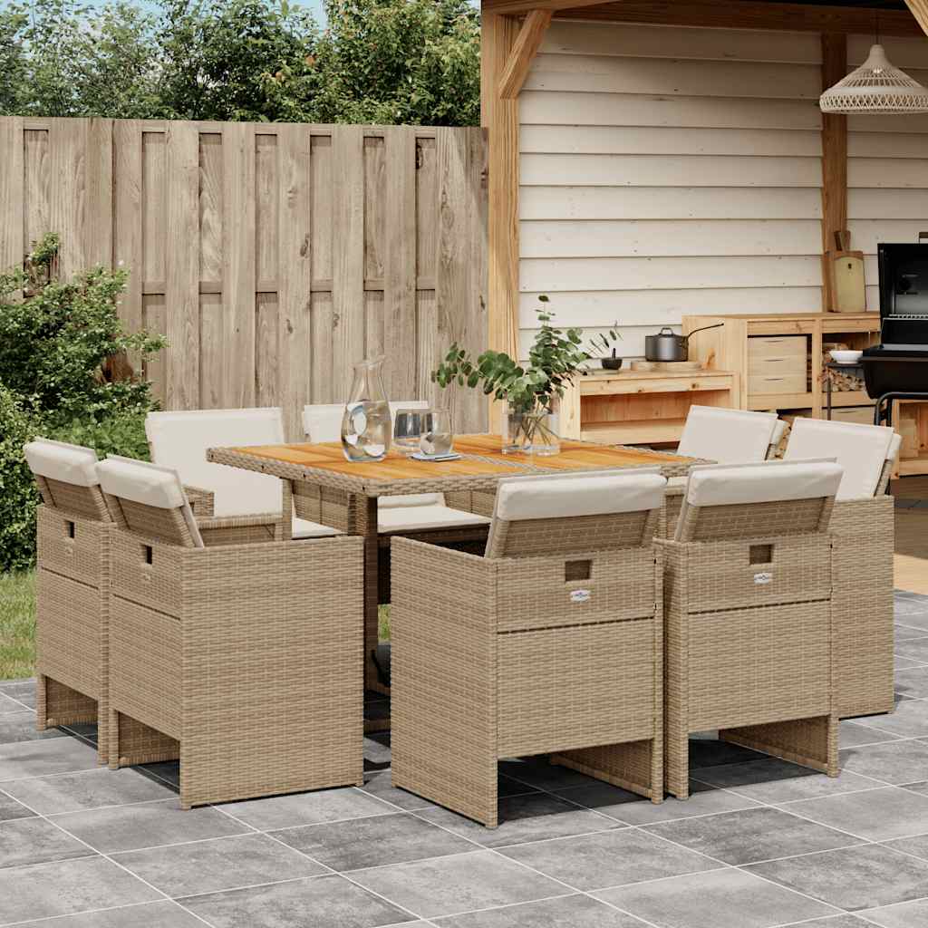 9 Pcs conjunto de jantar p/ jardim com almofadões vime PE bege