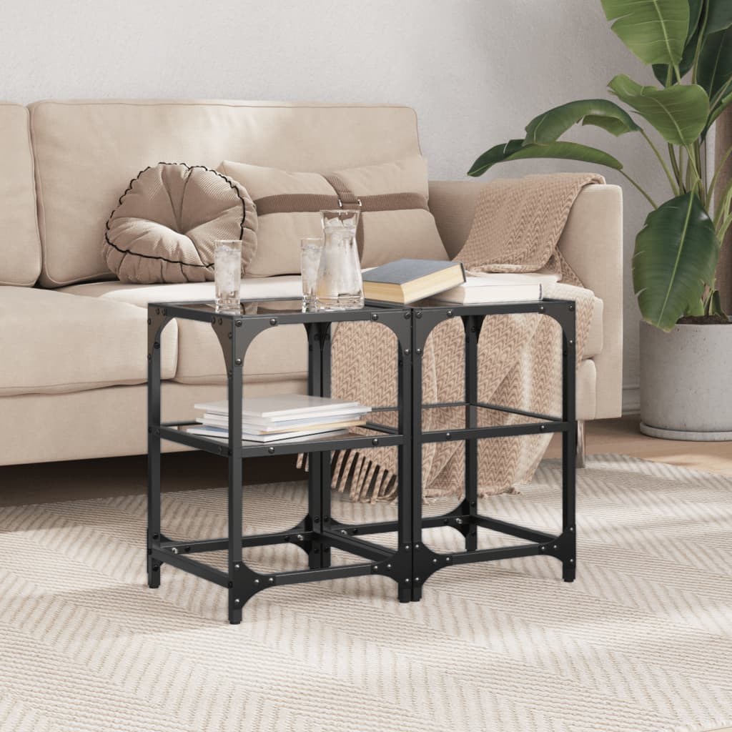 Mesas de centro c/ tampo em vidro preto 2 pcs 30x30x45 cm aço