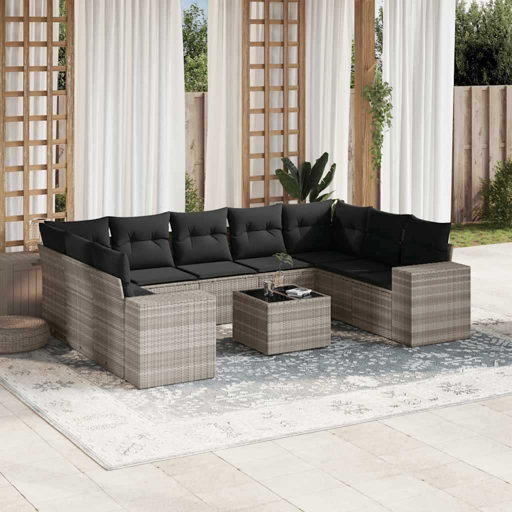 10 Pcs conj. sofás jardim com almofadões vime PE cinzento-claro