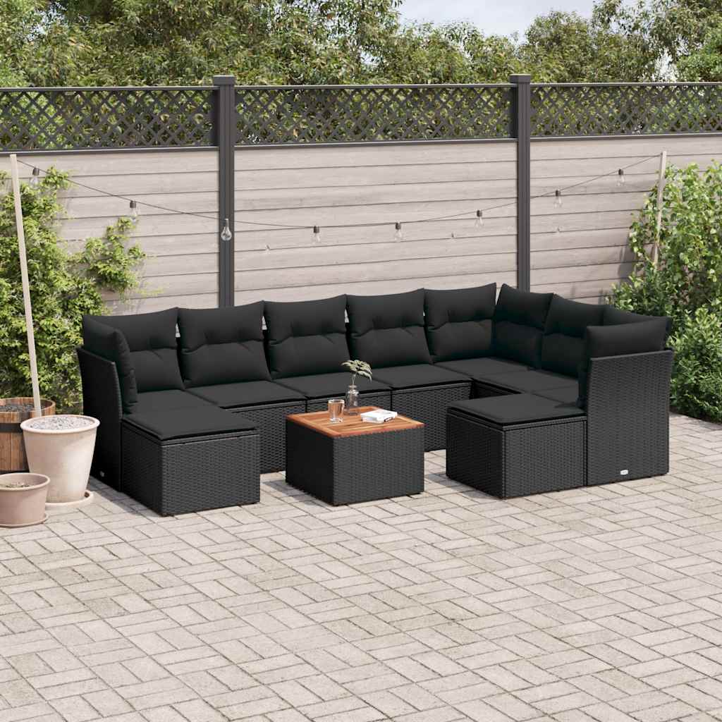10 Pcs conjunto sofás de jardim c/ almofadões vime PE preto