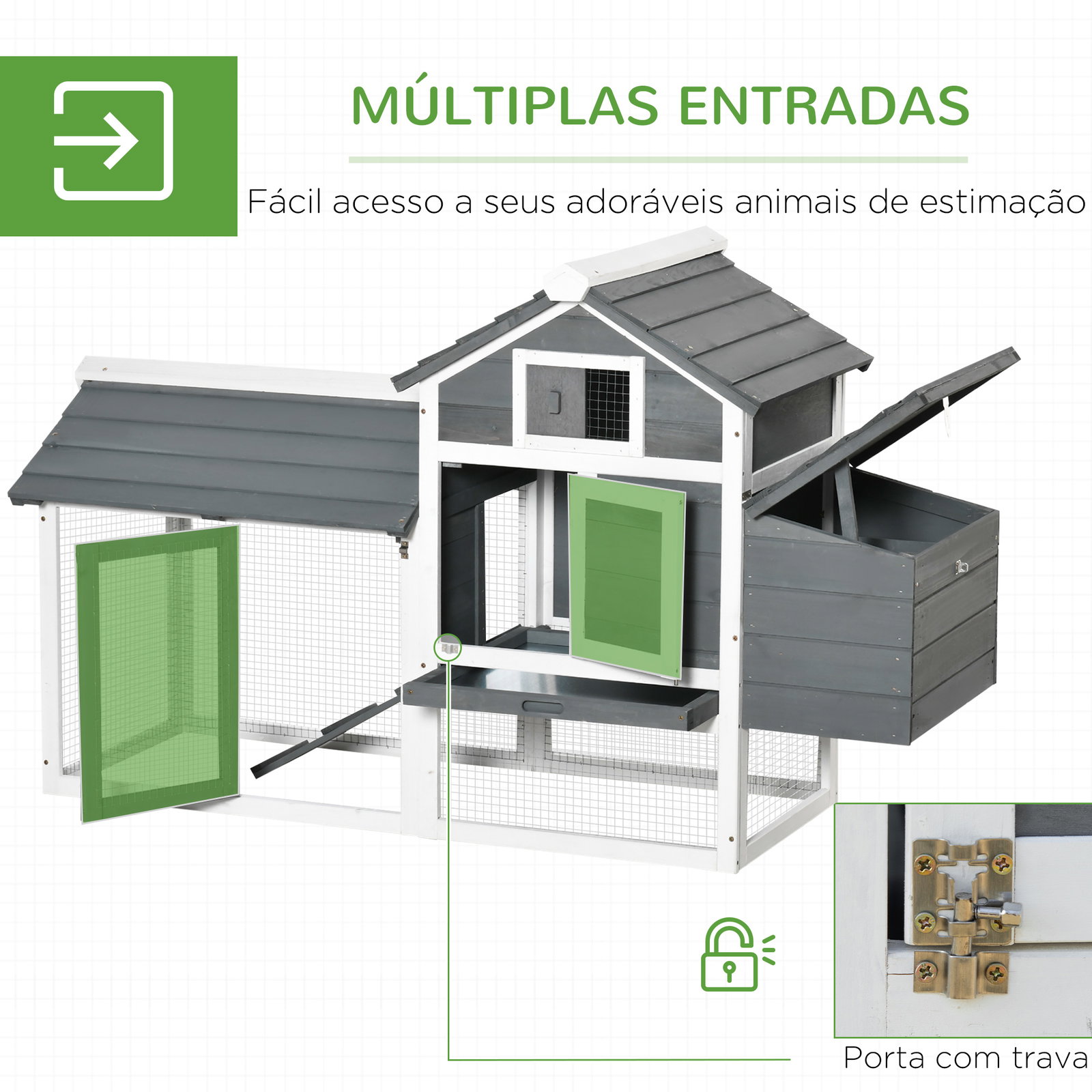 Galinheiro de Madeira para Exterior Gaiola para 2-3 Galinhas com Cercado de Arame Teto Abatível Caixa Ninho Bandeja Removível e