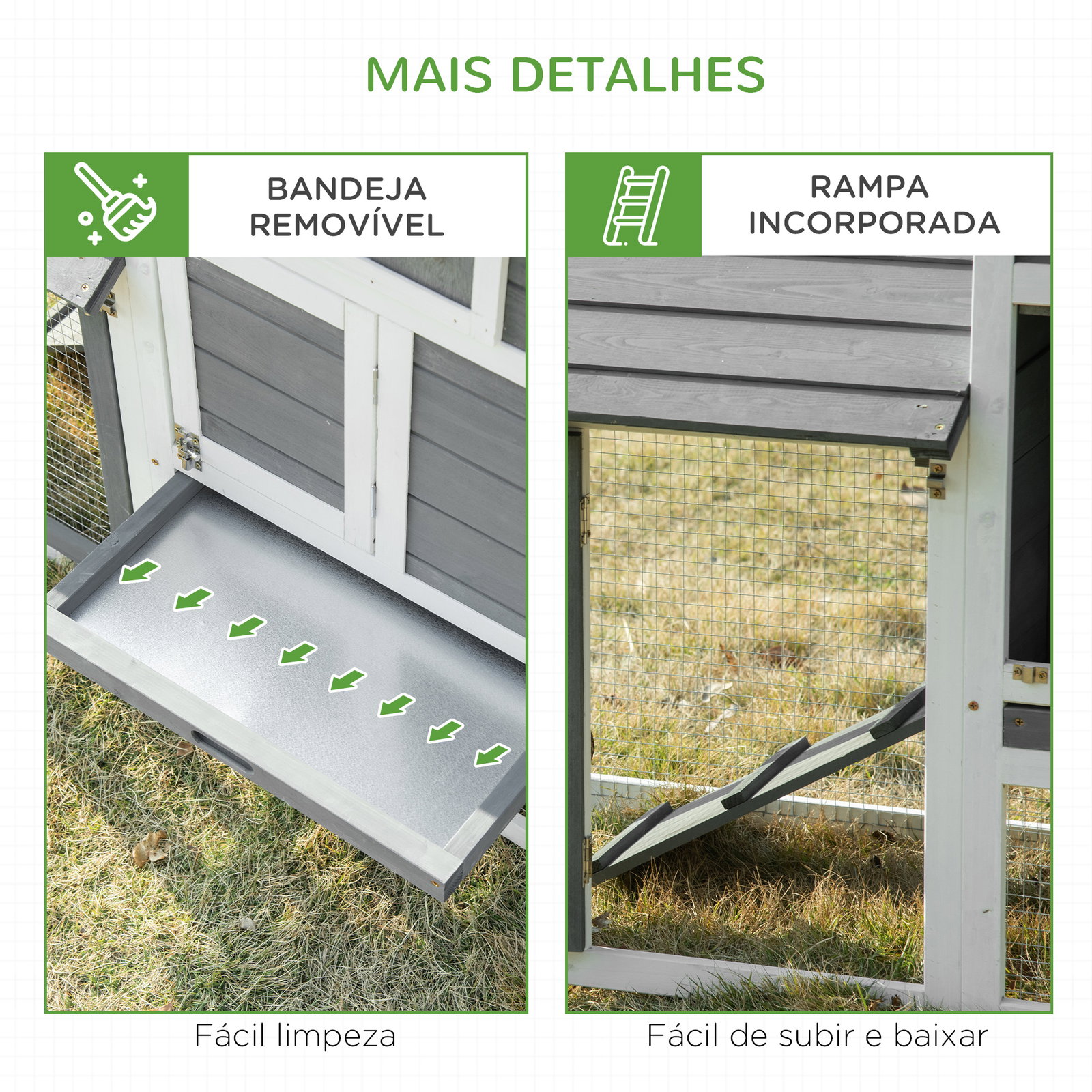 Galinheiro de Madeira para Exterior Gaiola para 2-3 Galinhas com Cercado de Arame Teto Abatível Caixa Ninho Bandeja Removível e