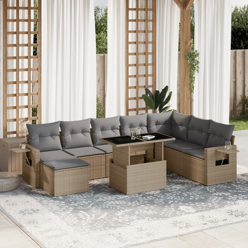 9 Pcs conjunto de sofás p/ jardim com almofadões vime PE bege