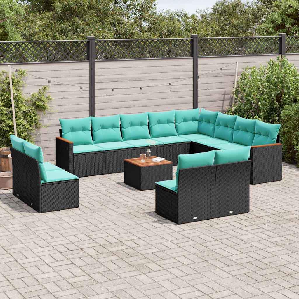 Conjunto de sofá de jardim com 13 peças e almofadas em rattan sintético preto