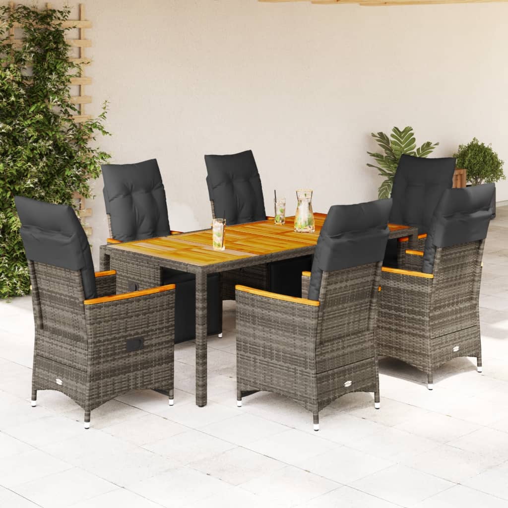 7 Pcs conjunto bistrô de jardim c/ almofadões vime PE cinza