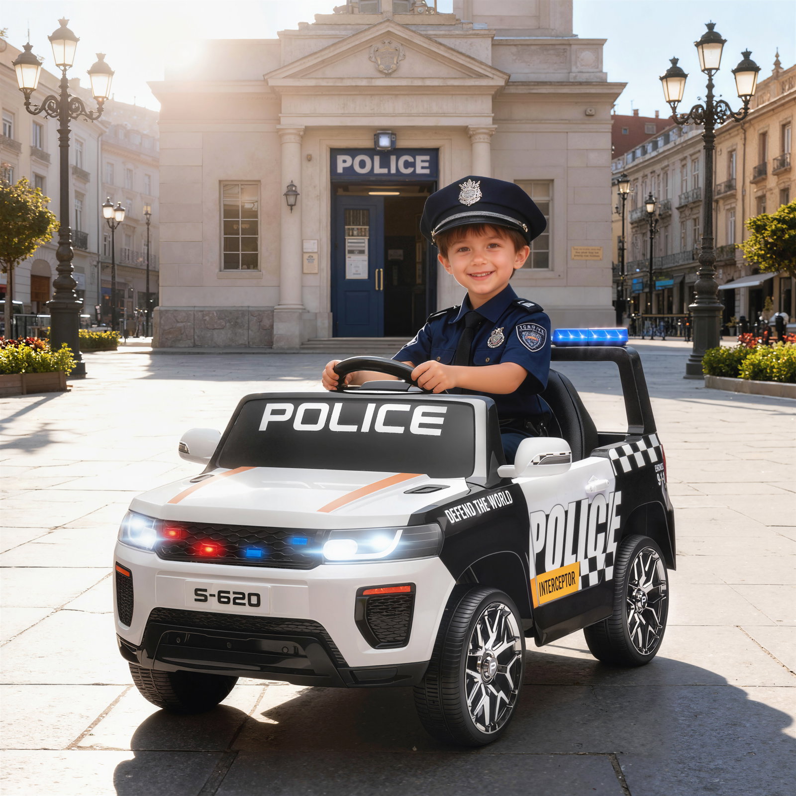 Carro elétrico para crianças de polícia 12v com motor duplo suspensão em 4 rodas sirene faróis LED porta USB bluetooth e música branco
