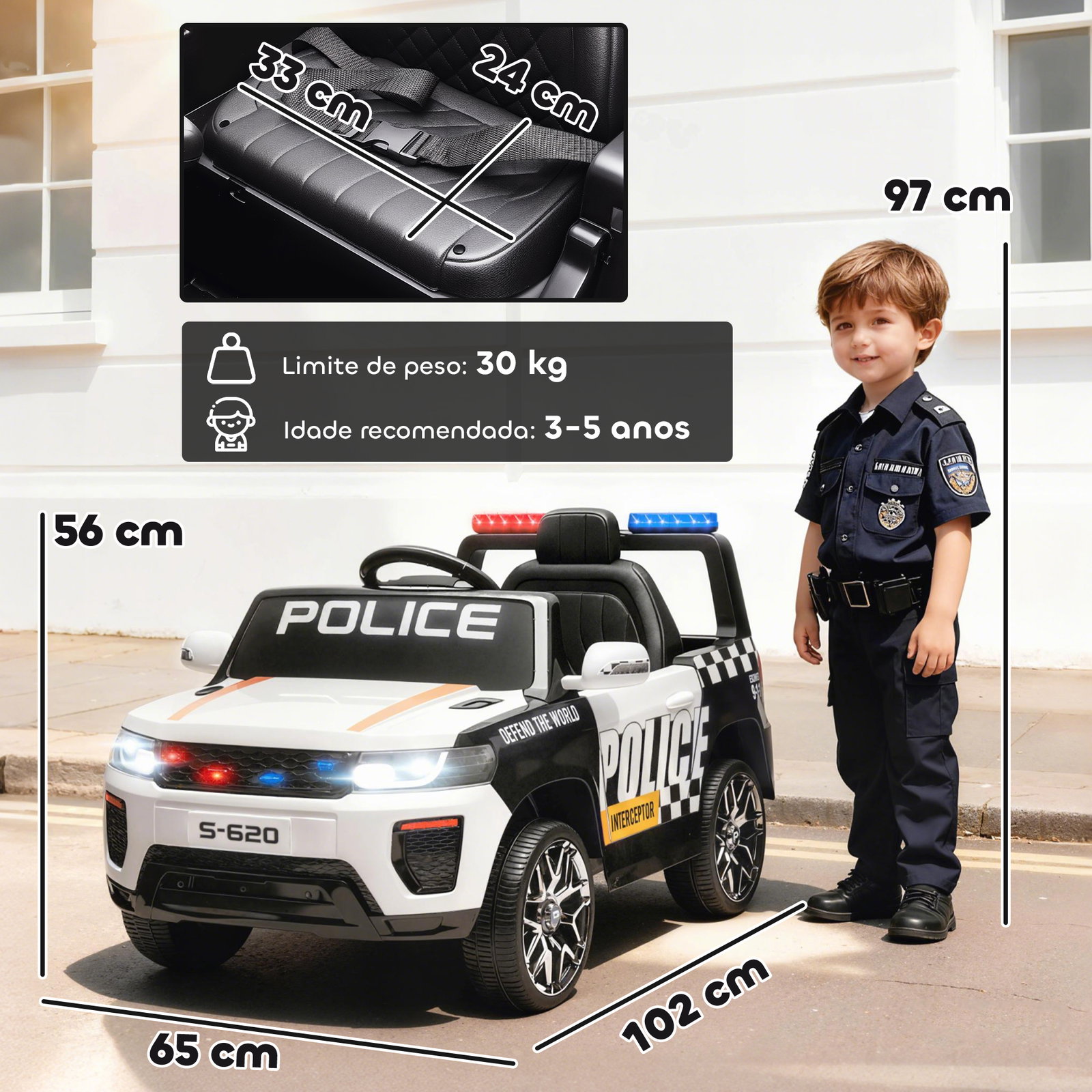Carro elétrico para crianças de polícia 12v com motor duplo suspensão em 4 rodas sirene faróis LED porta USB bluetooth e música branco