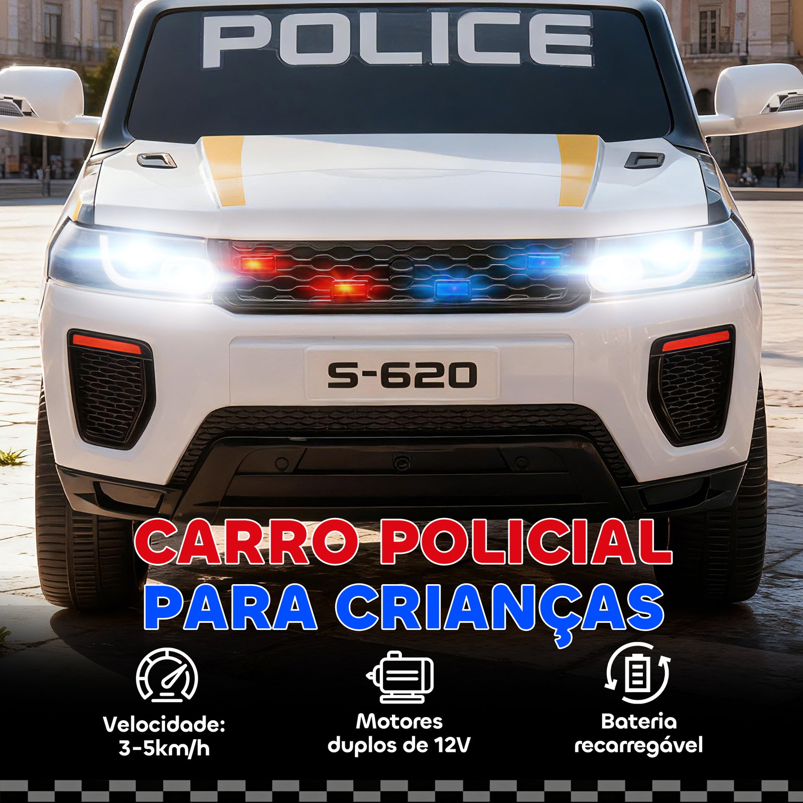 Carro elétrico para crianças de polícia 12v com motor duplo suspensão em 4 rodas sirene faróis LED porta USB bluetooth e música branco