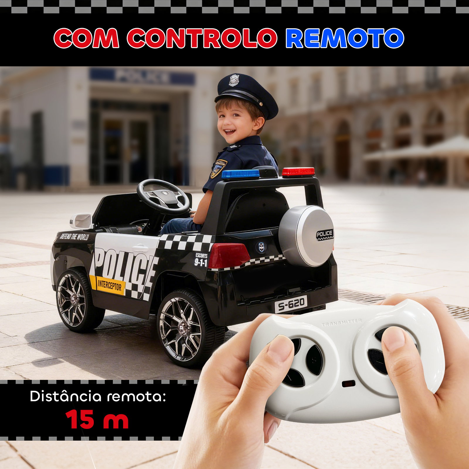 Carro elétrico para crianças de polícia 12v com motor duplo suspensão em 4 rodas sirene faróis LED porta USB bluetooth e música branco