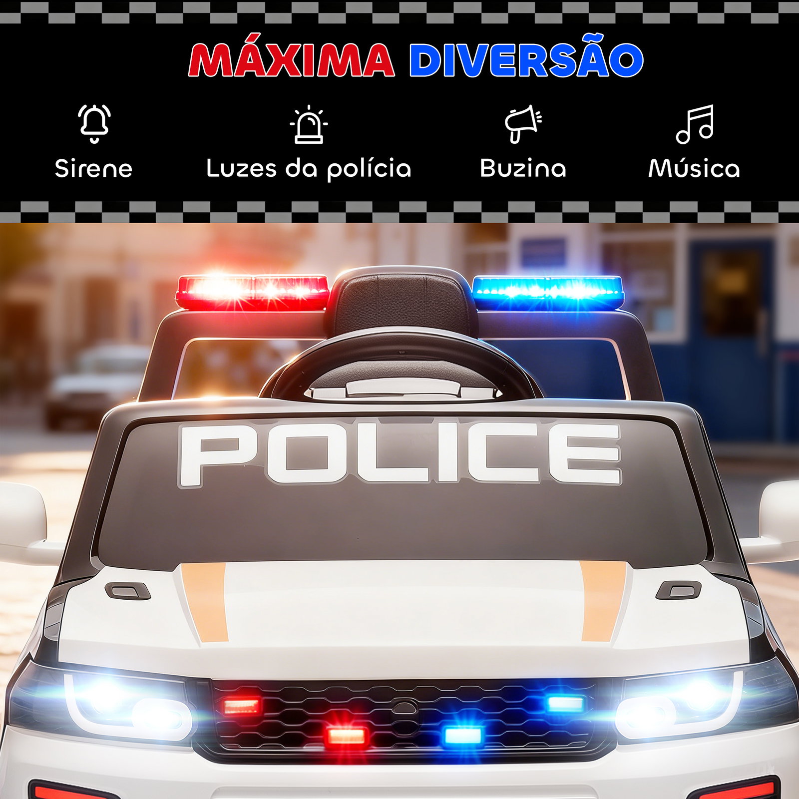 Carro elétrico para crianças de polícia 12v com motor duplo suspensão em 4 rodas sirene faróis LED porta USB bluetooth e música branco