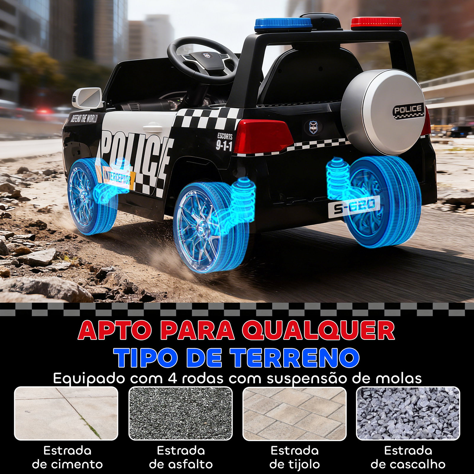 Carro elétrico para crianças de polícia 12v com motor duplo suspensão em 4 rodas sirene faróis LED porta USB bluetooth e música branco