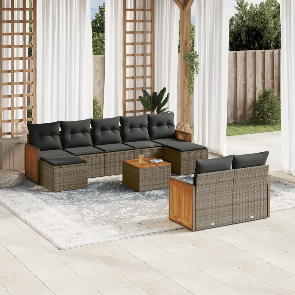 10 Pcs conjunto sofás de jardim c/ almofadões vime PE cinzento