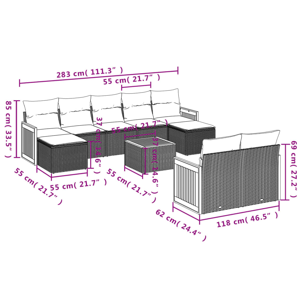 10 Pcs conjunto sofás de jardim c/ almofadões vime PE cinzento