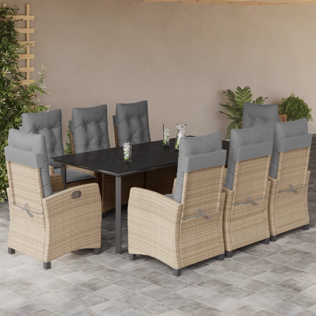 9 Pcs conj. jantar jardim c/ almofadões vime PE bege misturado