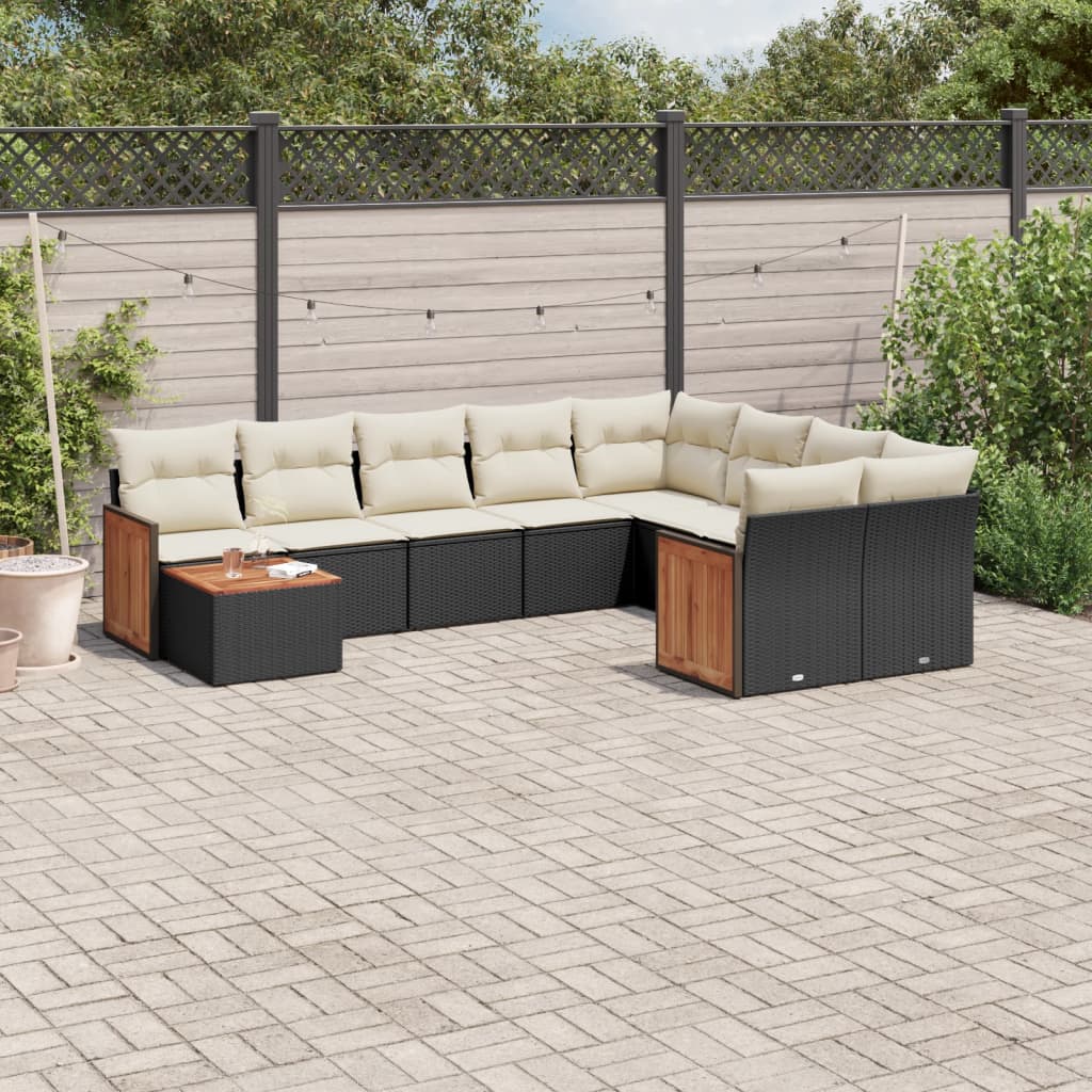 10 Pcs conjunto sofás de jardim c/ almofadões vime PE preto