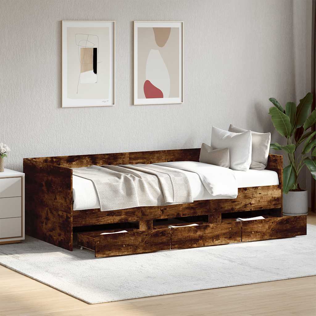 Sofá-cama com gavetas sem colchão 90x190 cm carvalho fumado