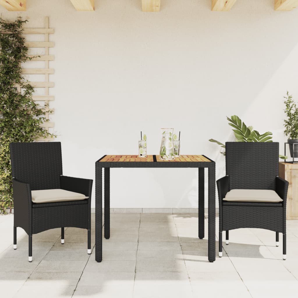 3 Pcs conjunto jantar jardim c/ almofadões vime PE/acácia preto