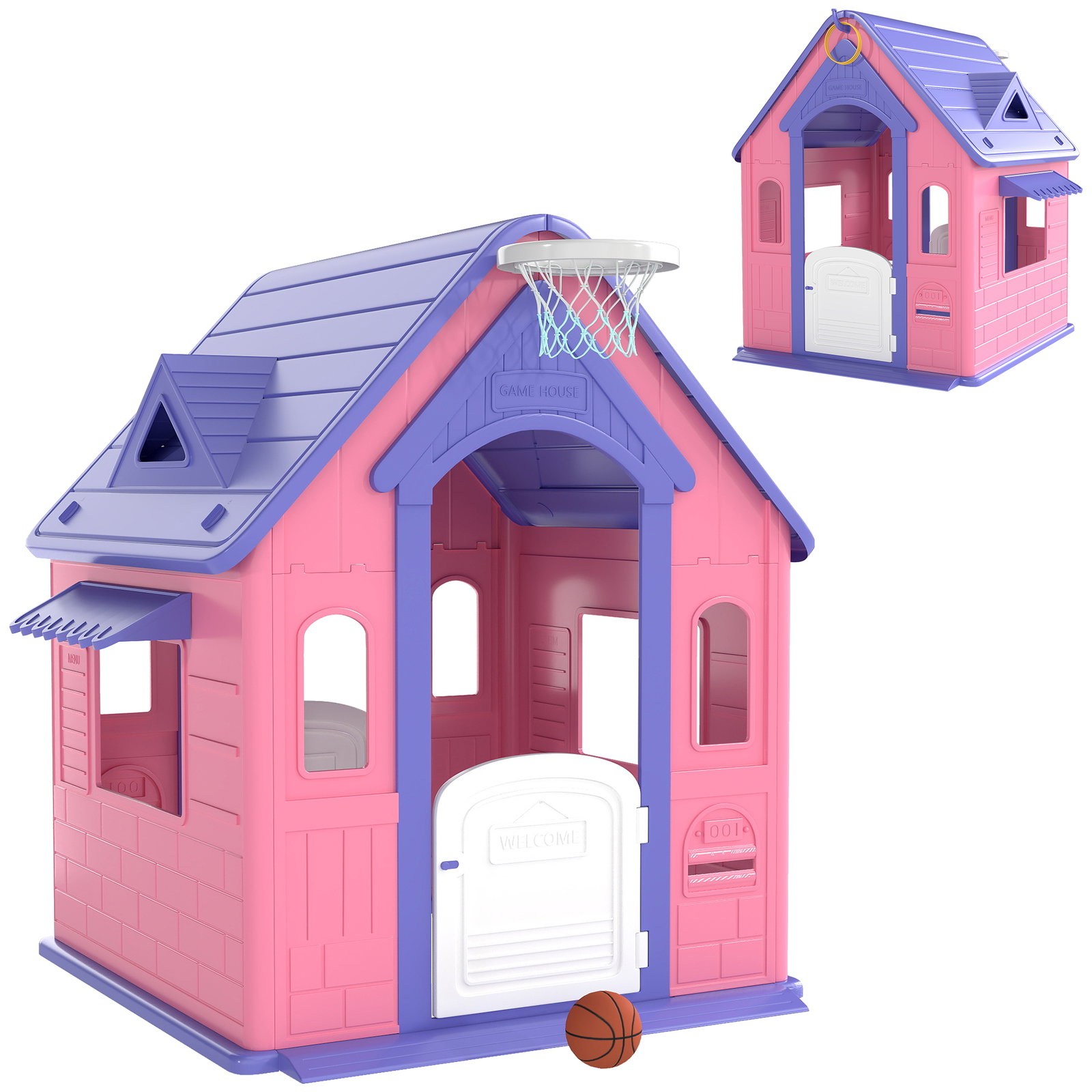 Casa de jogos para criaanças com lançamento de aros e cesta de basquetebol 132x118x124 cm rosa e roxo