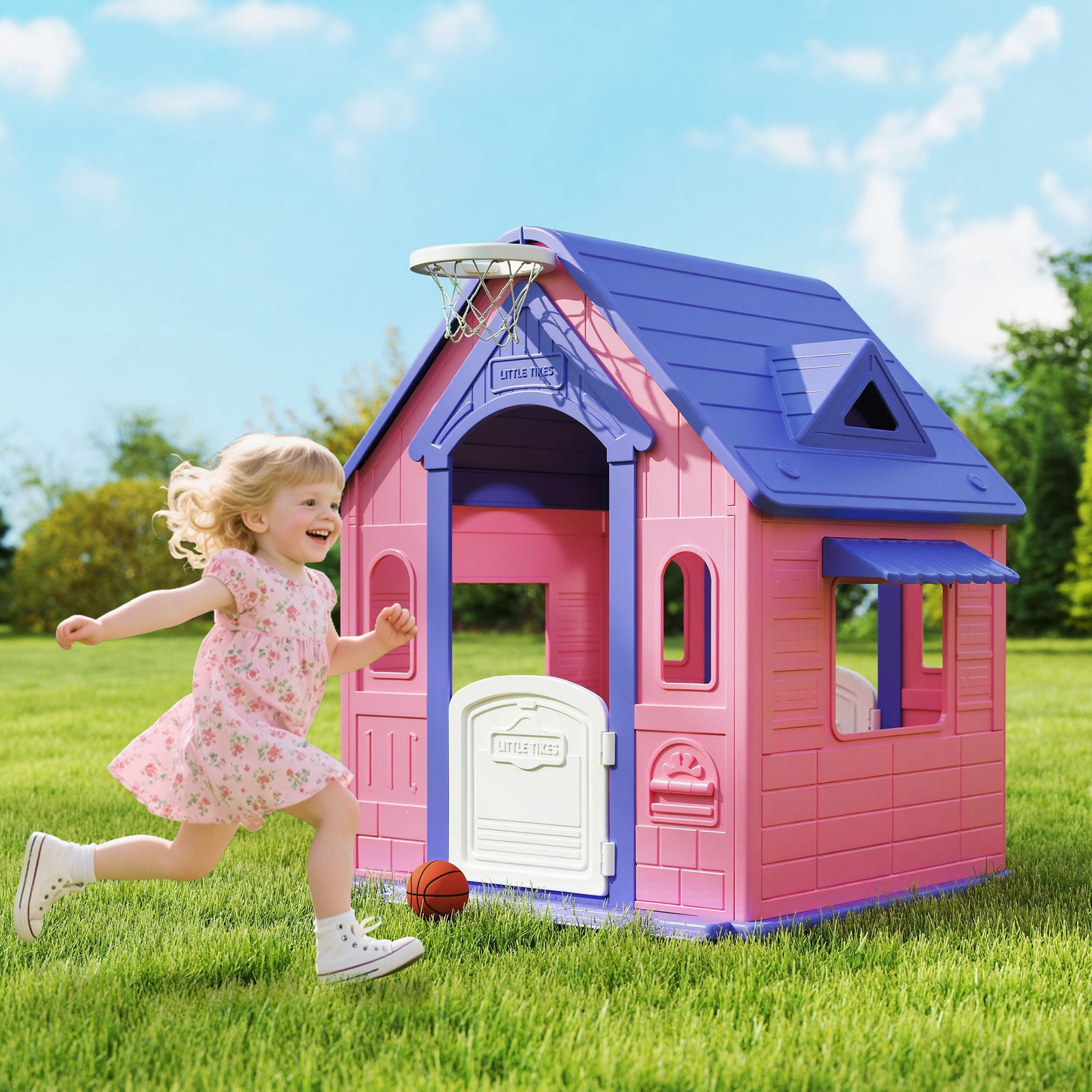 Casa de jogos para criaanças com lançamento de aros e cesta de basquetebol 132x118x124 cm rosa e roxo