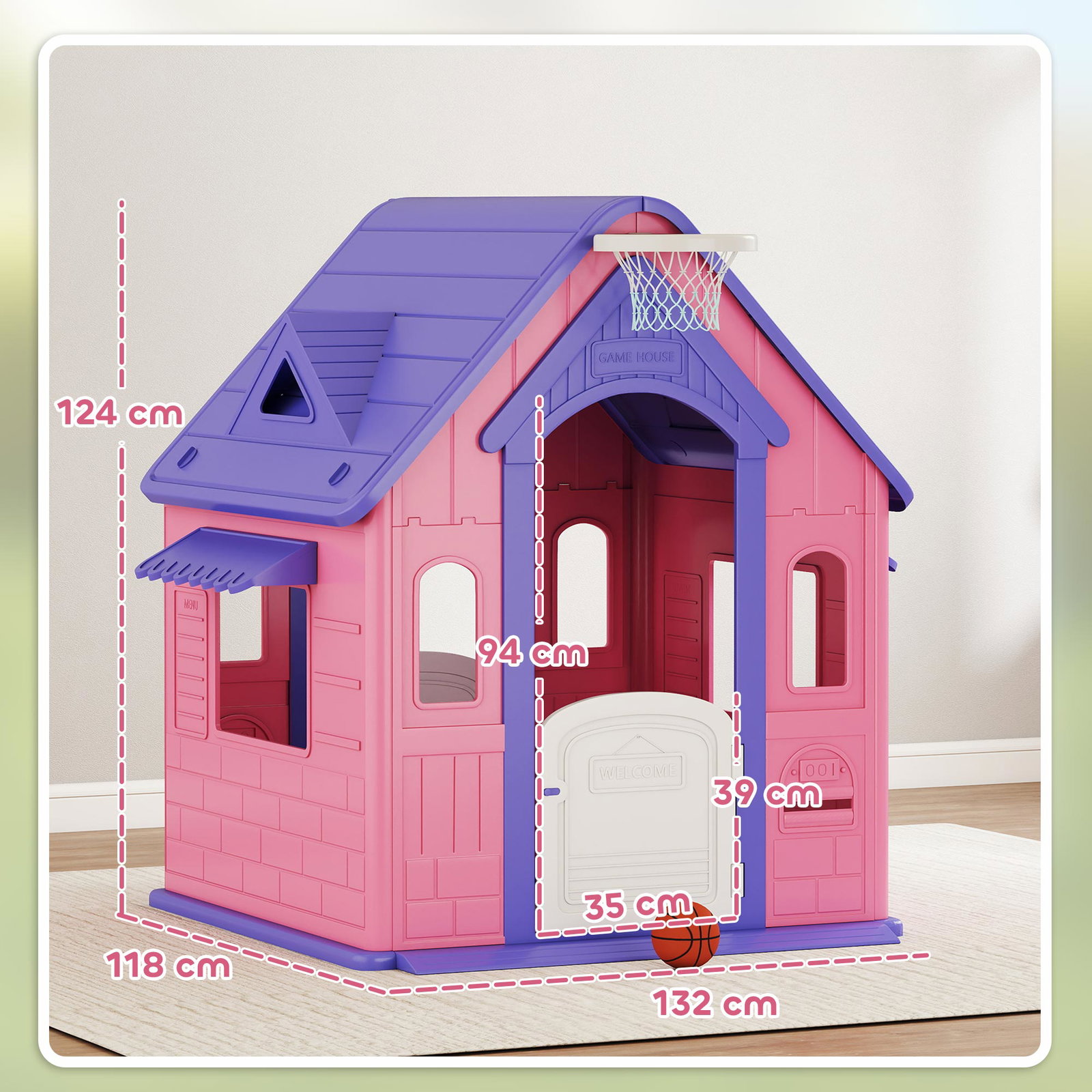Casa de jogos para criaanças com lançamento de aros e cesta de basquetebol 132x118x124 cm rosa e roxo