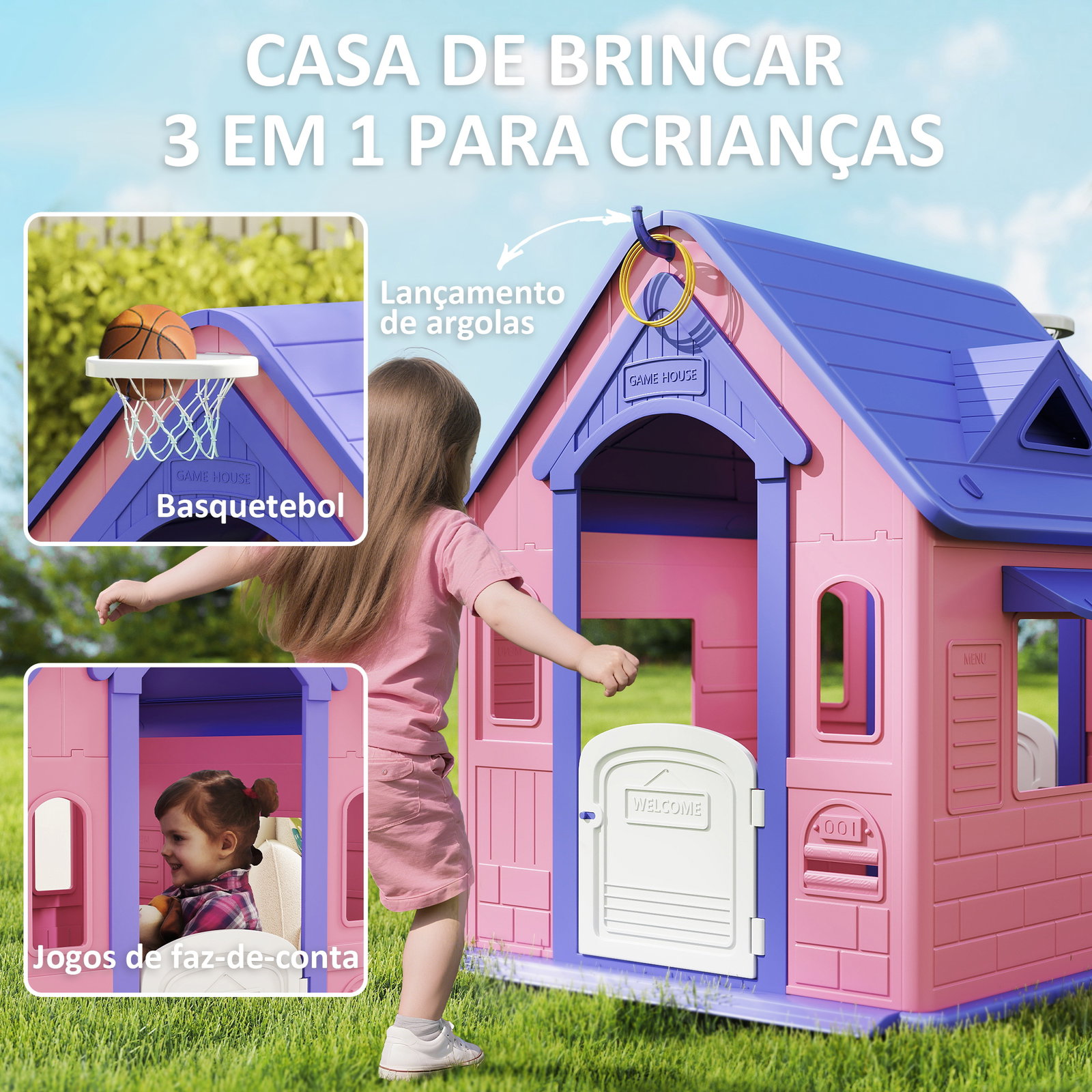 Casa de jogos para criaanças com lançamento de aros e cesta de basquetebol 132x118x124 cm rosa e roxo
