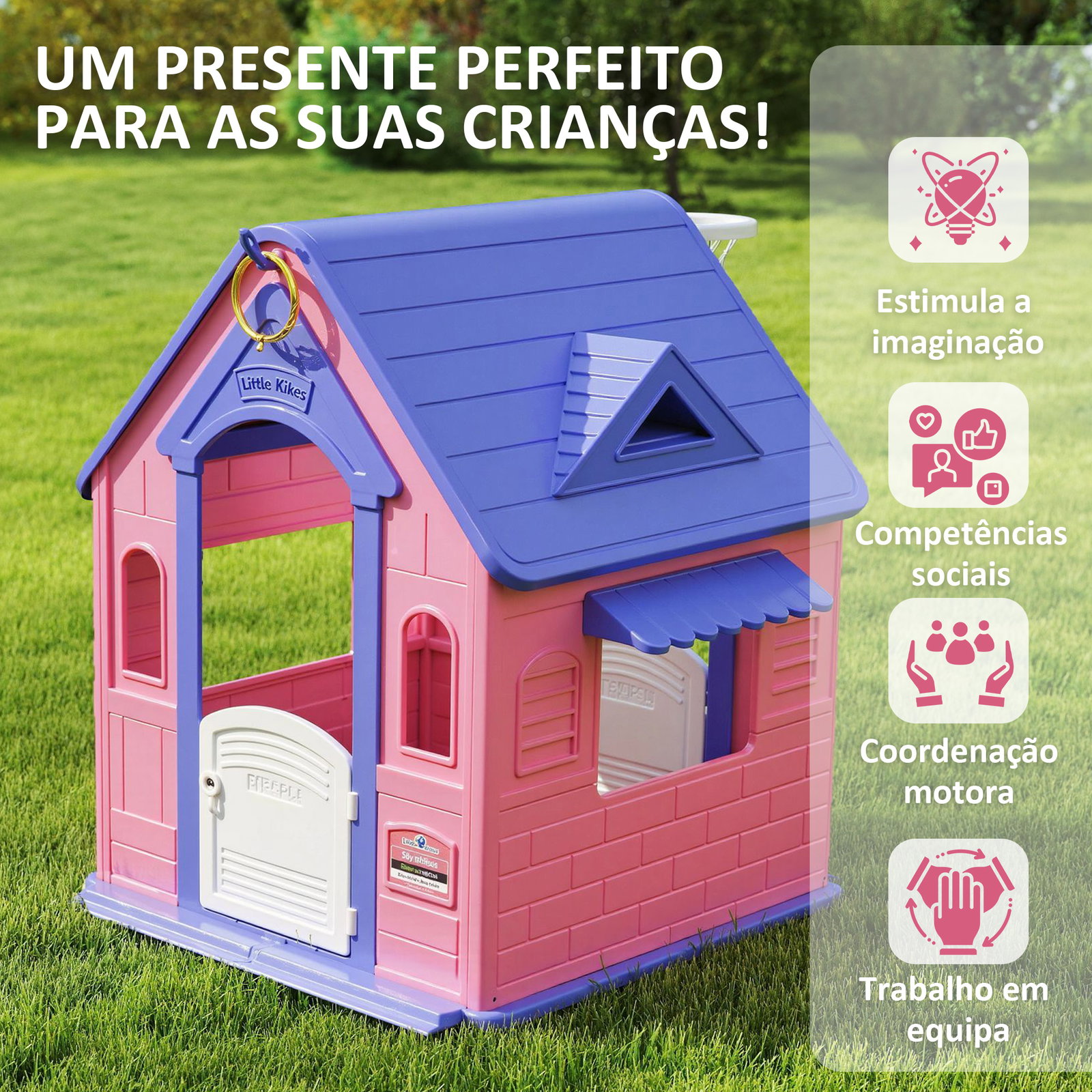 Casa de jogos para criaanças com lançamento de aros e cesta de basquetebol 132x118x124 cm rosa e roxo