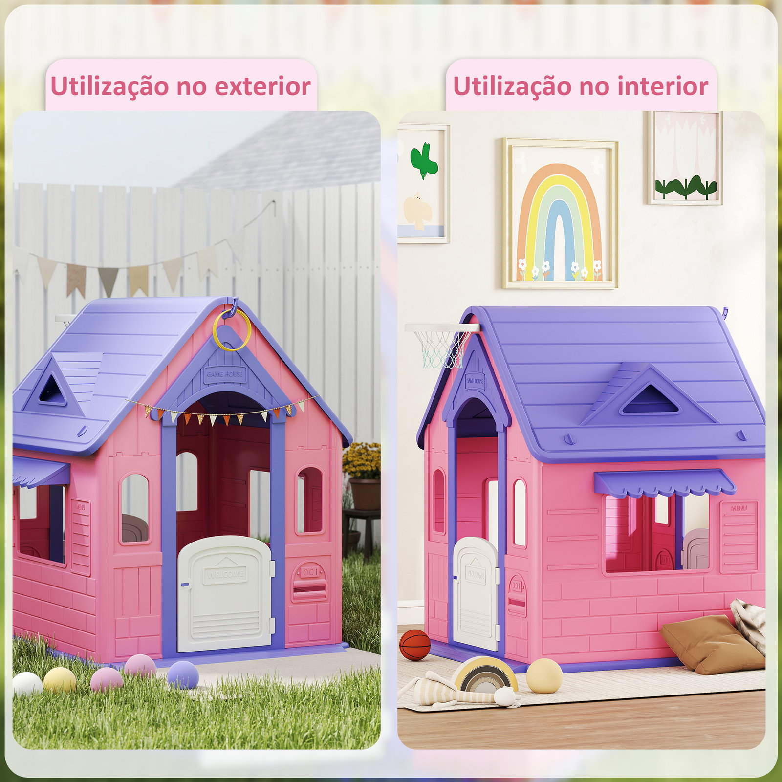Casa de jogos para criaanças com lançamento de aros e cesta de basquetebol 132x118x124 cm rosa e roxo