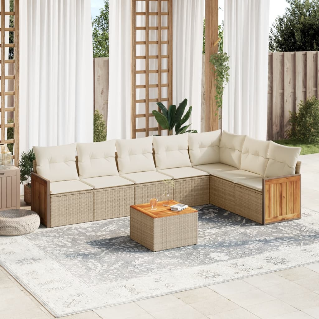 8 Pcs conjunto de sofás p/ jardim com almofadões vime PE bege