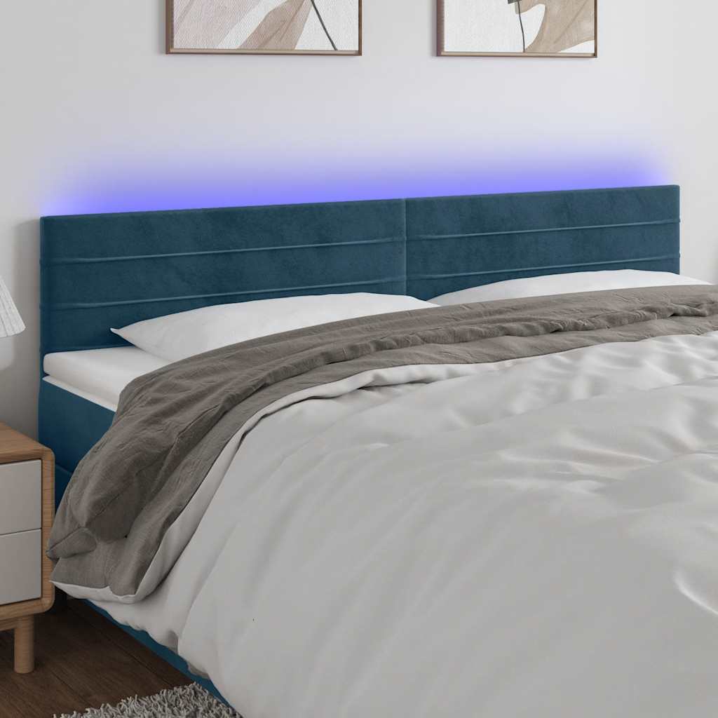 Cabeceira de cama c/ luzes LED veludo 200x5x78/88cm azul-escuro