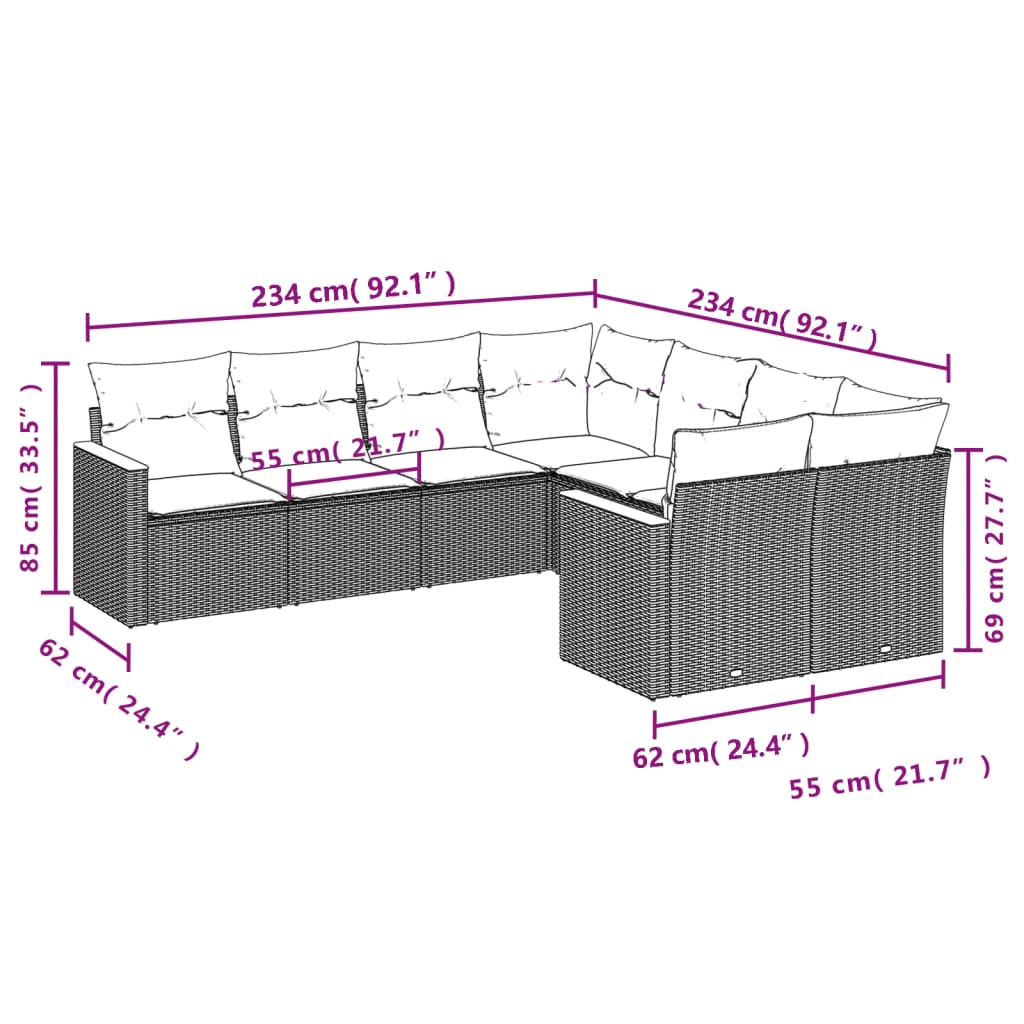 8 Pcs conjunto sofás de jardim c/ almofadões vime PE cinzento