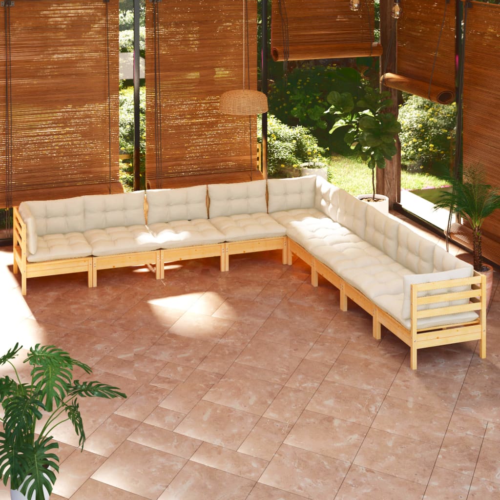 9 Pcs conjunto lounge jardim c/ almofadões creme pinho maciço