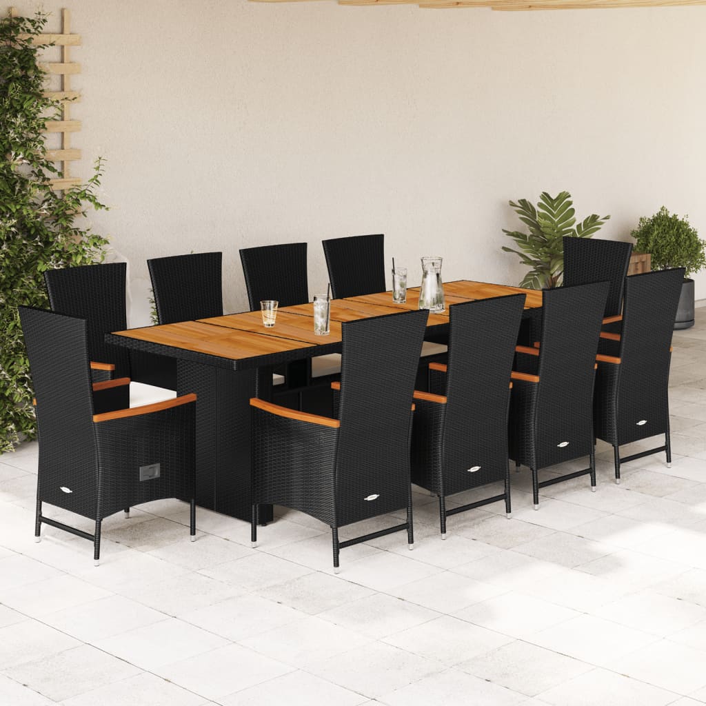 11 Pcs conjunto de jantar p/ jardim c/ almofadões vime PE preto