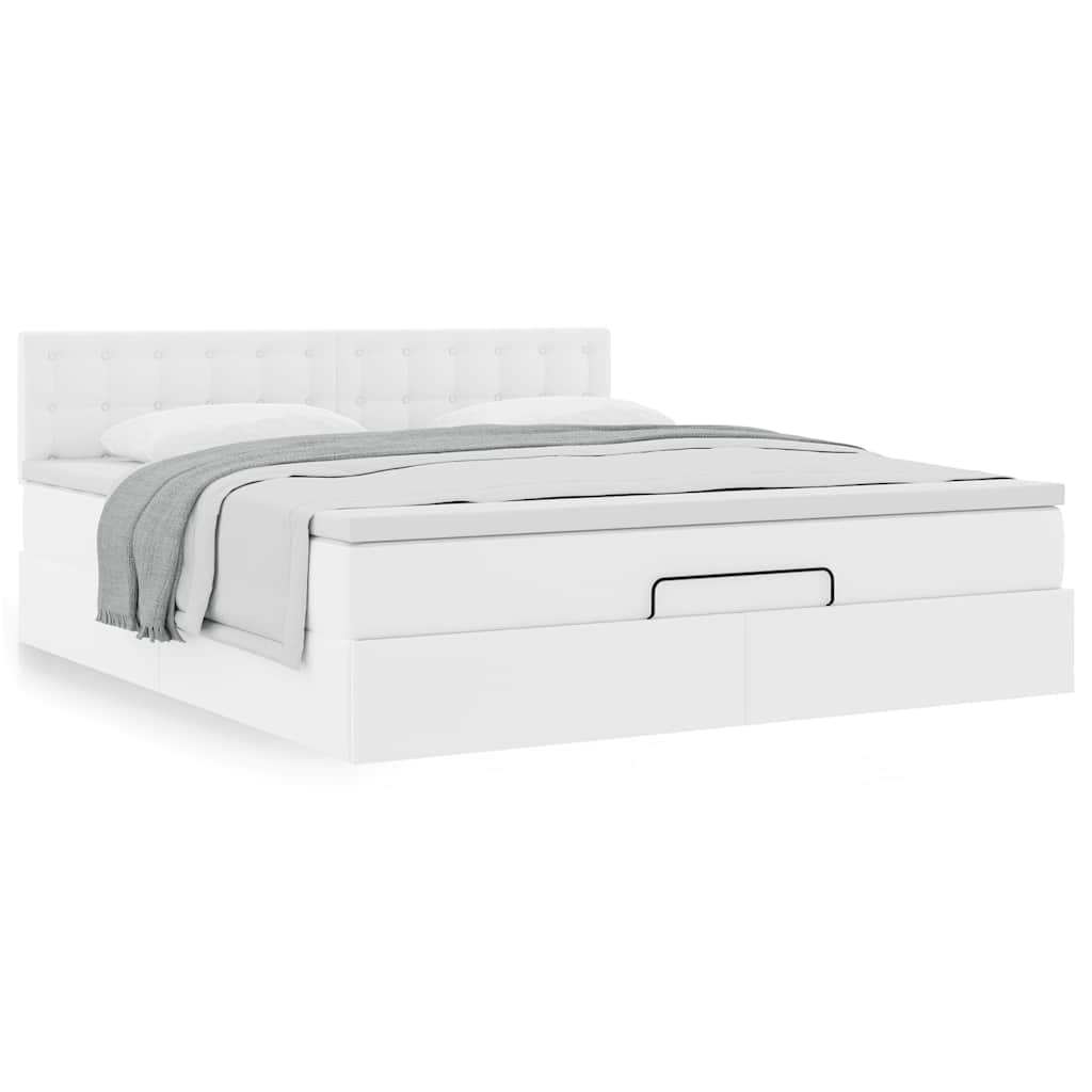 Estrutura de cama otomana com colchão branco couro falso