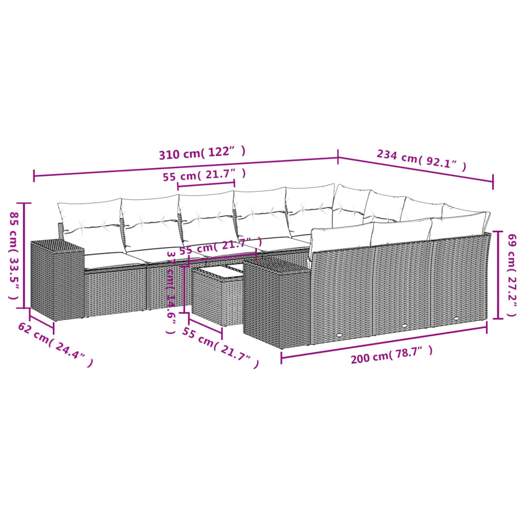 11 Pcs conjunto sofás de jardim c/ almofadões vime PE bege