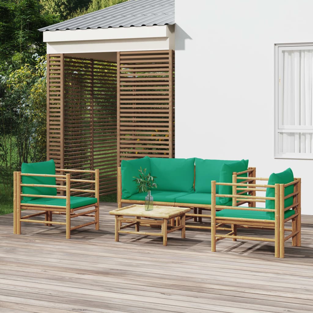 5 Pcs conjunto lounge de jardim bambu c/ almofadões verdes