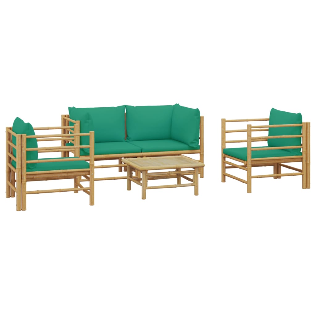 5 Pcs conjunto lounge de jardim bambu c/ almofadões verdes