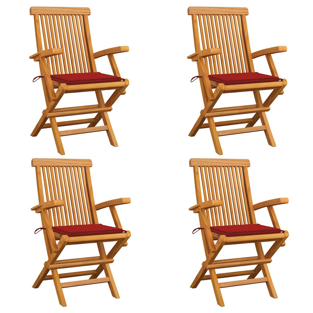 Cadeiras de jardim c/ almofadões vermelhos 4 pcs teca maciça