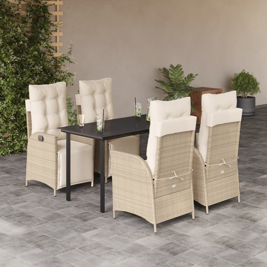 5 Pcs conjunto de jantar p/ jardim com almofadões vime PE bege