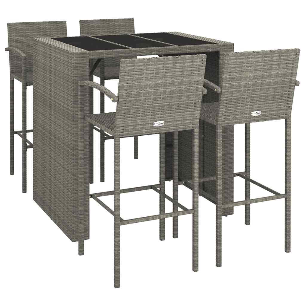 5 Pcs conjunto de bar para jardim vime PE cinzento